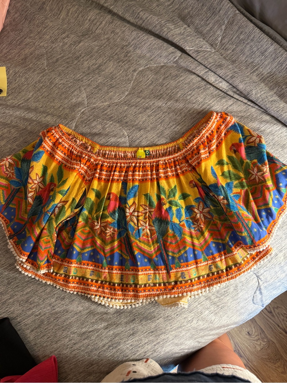 FARM Rio Yellow Floral Off-Shoulder Skater Top with Blue & Orange Accents